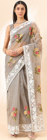 Latest light Gray shaded organza saree with detailed embroidery and floral inspired design saree for all occasion